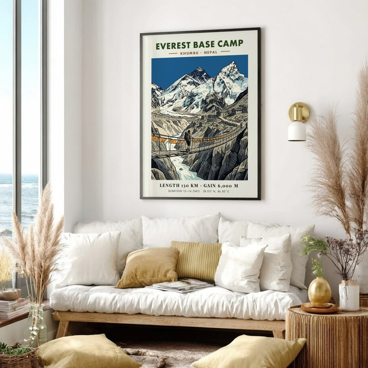 Everest Base Camp poster featuring a lone hiker crossing a suspension bridge below mountains.