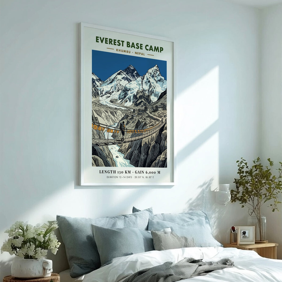Everest Base Camp poster featuring a lone hiker crossing a suspension bridge below mountains.