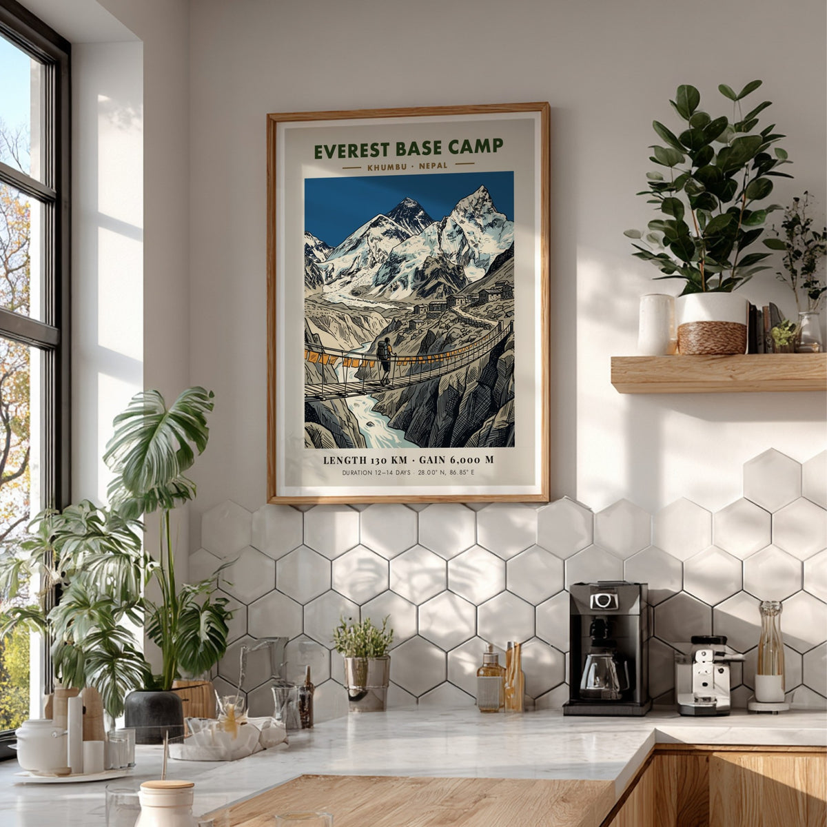 Everest Base Camp poster featuring a lone hiker crossing a suspension bridge below mountains.