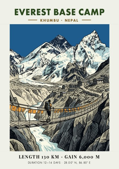 Everest Base Camp poster featuring a lone hiker crossing a suspension bridge below mountains.