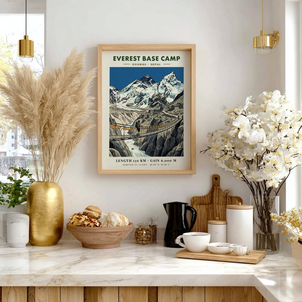 Everest Base Camp poster featuring a lone hiker crossing a suspension bridge below mountains.