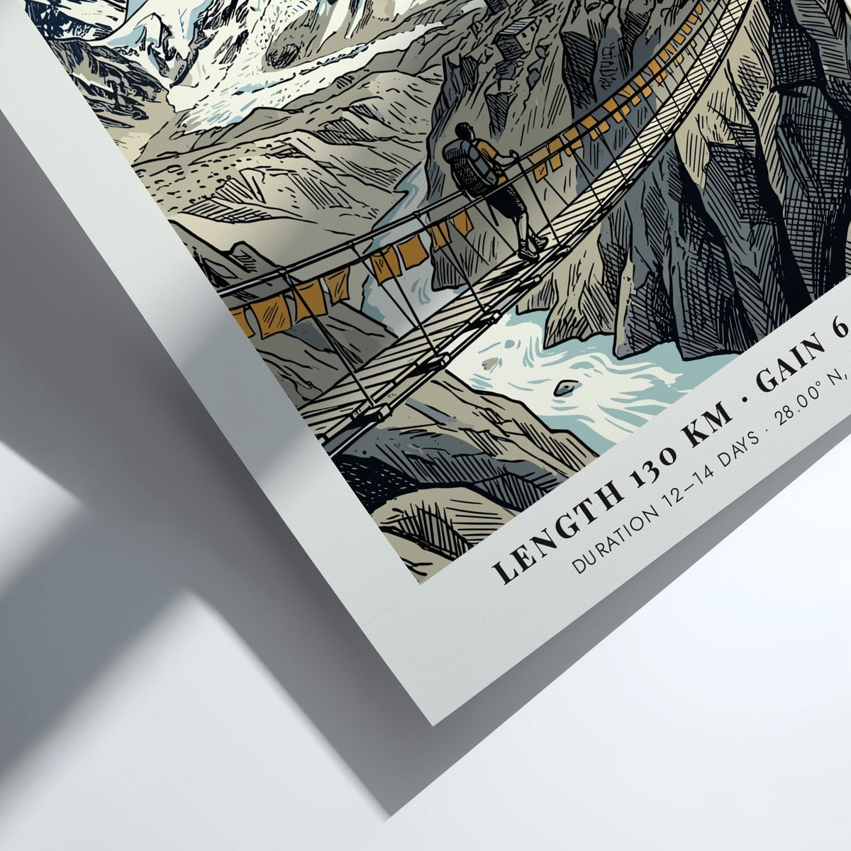Everest Base Camp poster featuring a lone hiker crossing a suspension bridge below mountains.