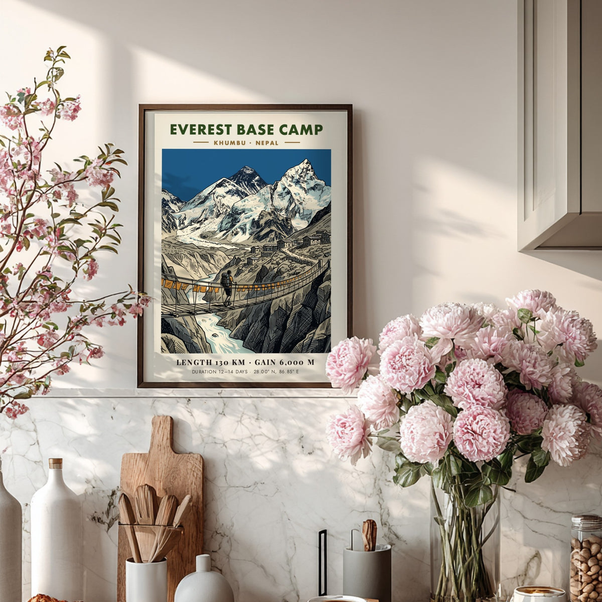 Everest Base Camp poster featuring a lone hiker crossing a suspension bridge below mountains.