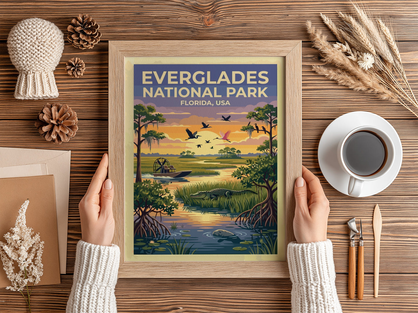 Travel poster of Everglades National Park featuring an airboat, alligator, and birds, Florida.