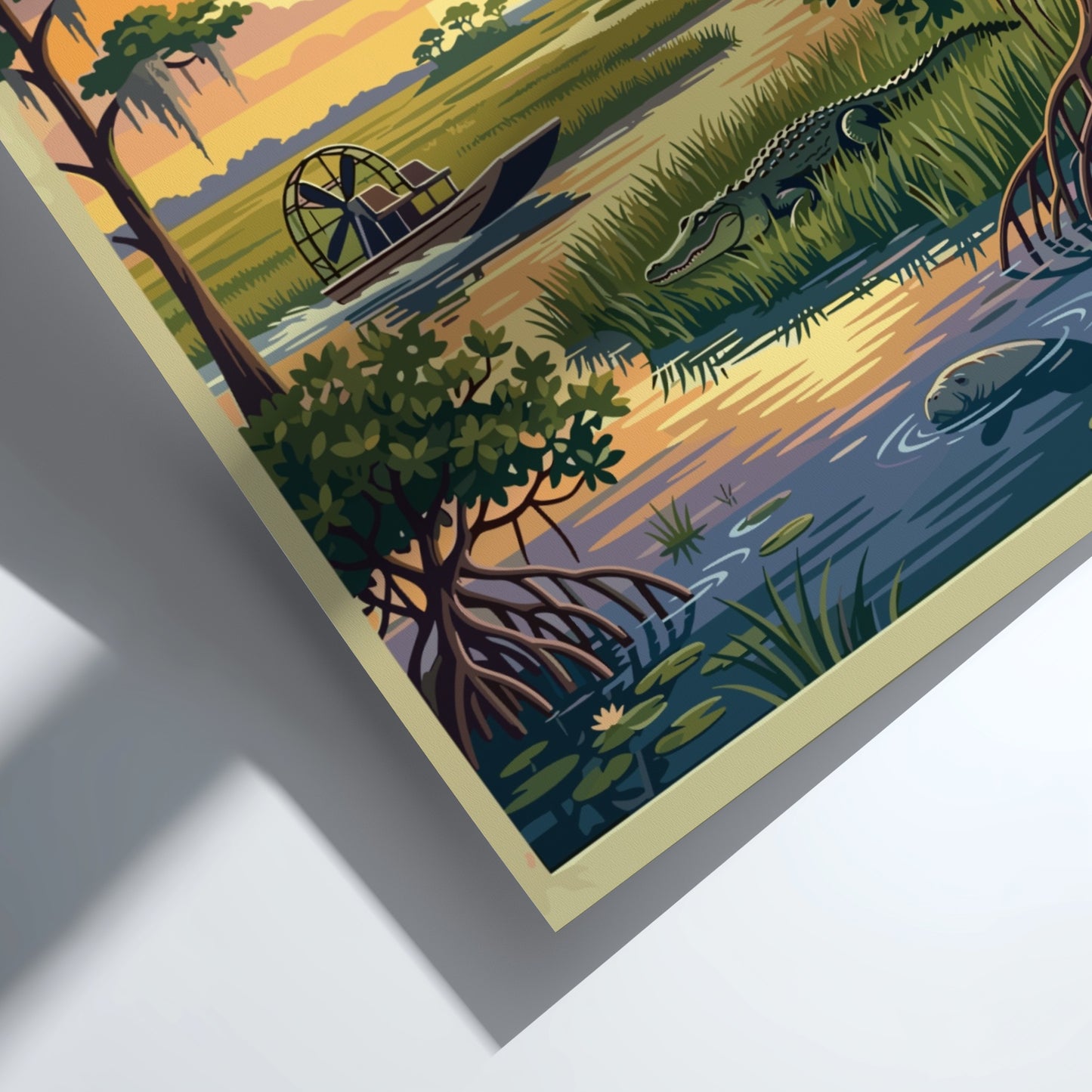 Travel poster of Everglades National Park featuring an airboat, alligator, and birds, Florida.