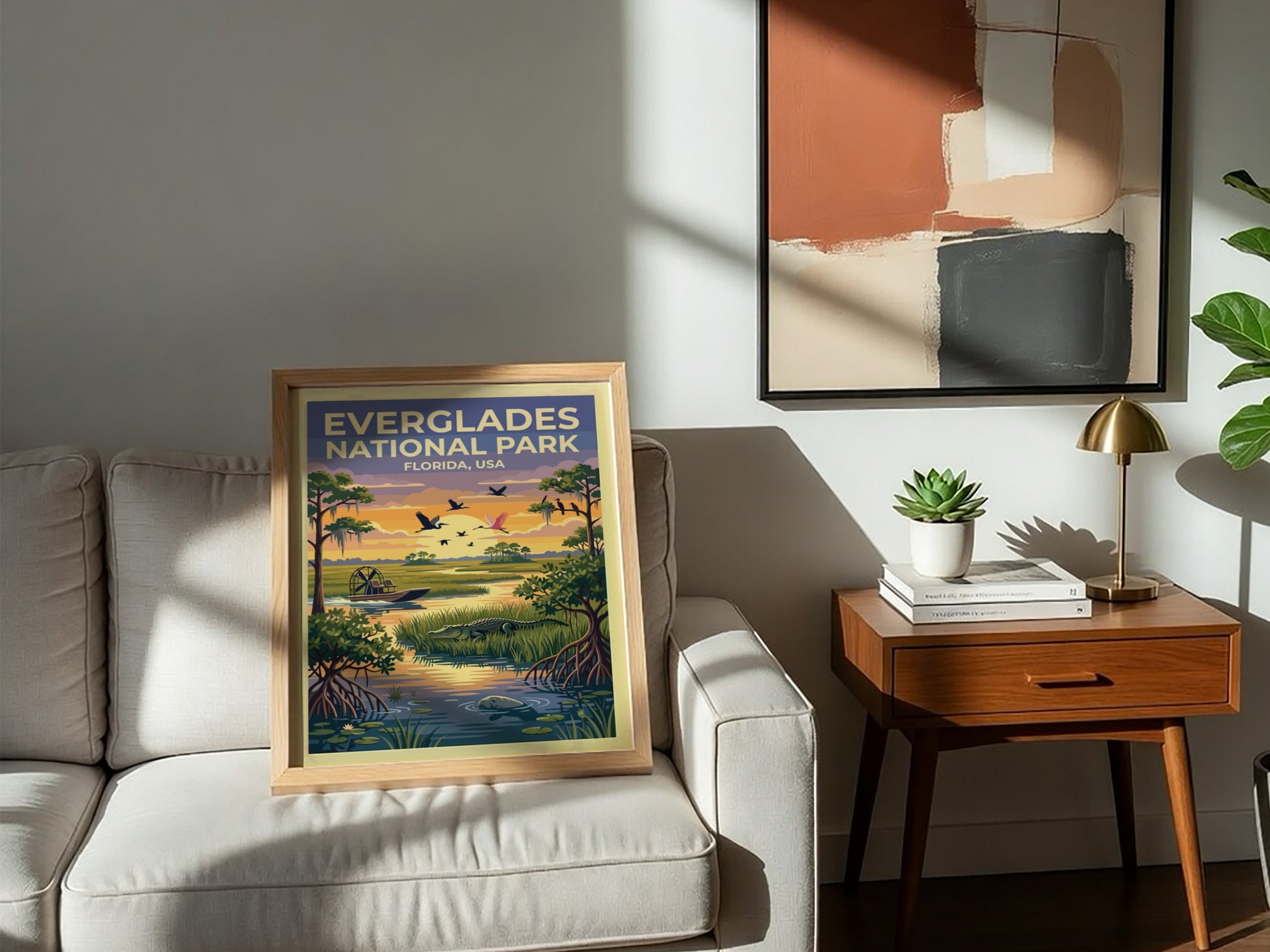 Travel poster of Everglades National Park featuring an airboat, alligator, and birds, Florida.
