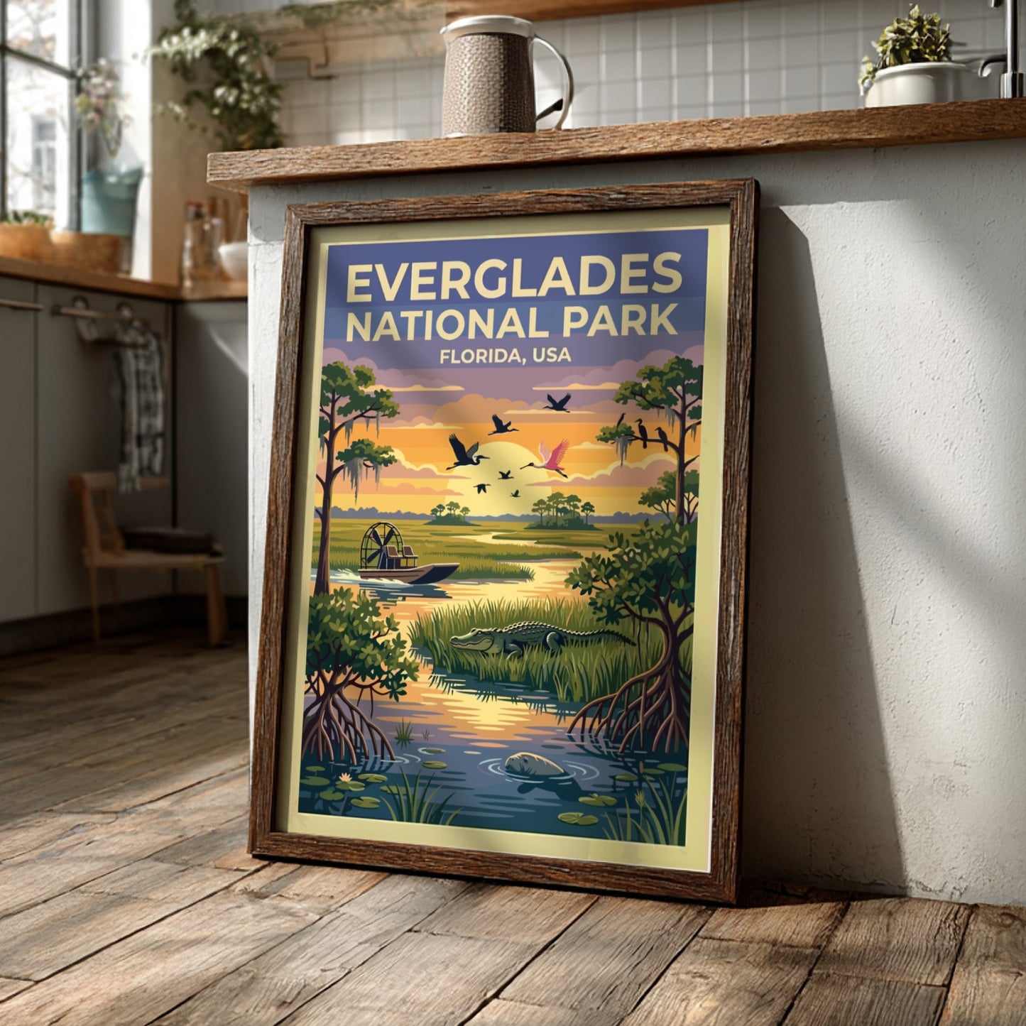 Travel poster of Everglades National Park featuring an airboat, alligator, and birds, Florida.