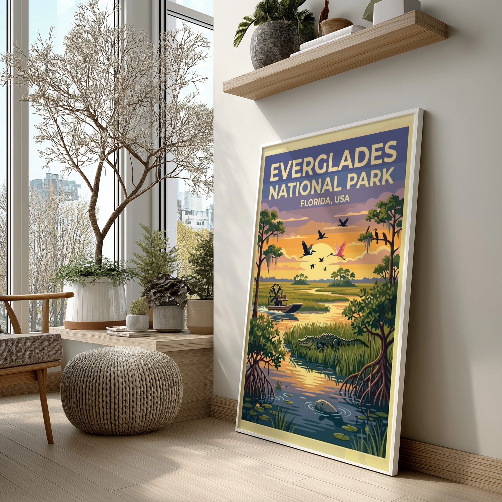 Travel poster of Everglades National Park featuring an airboat, alligator, and birds, Florida.
