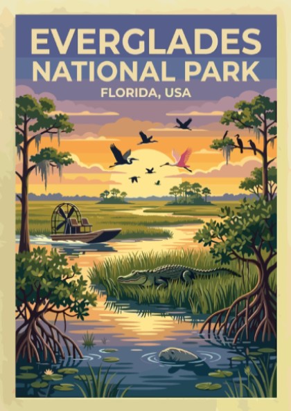 Travel poster of Everglades National Park featuring an airboat, alligator, and birds, Florida.