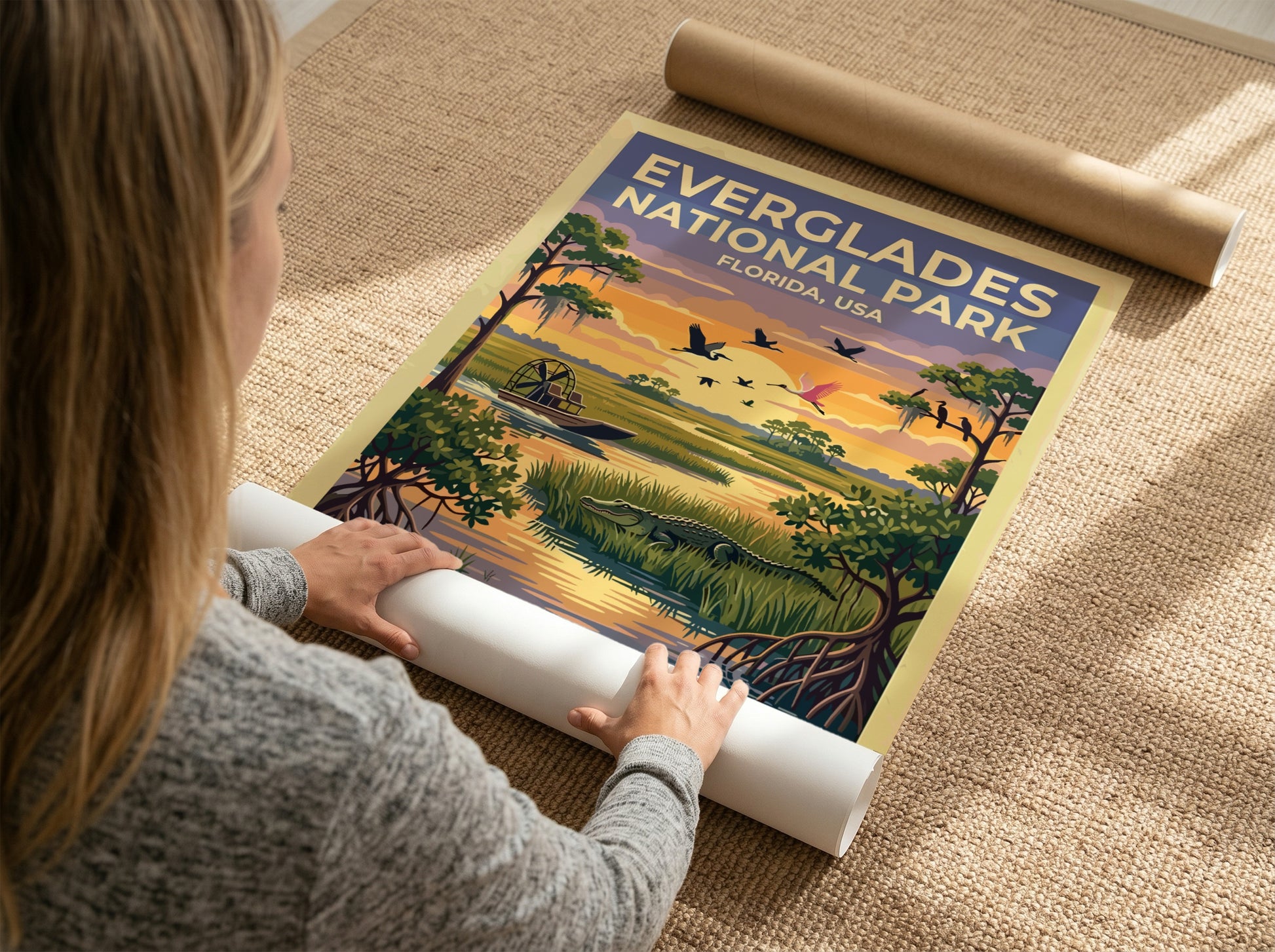 Travel poster of Everglades National Park featuring an airboat, alligator, and birds, Florida.