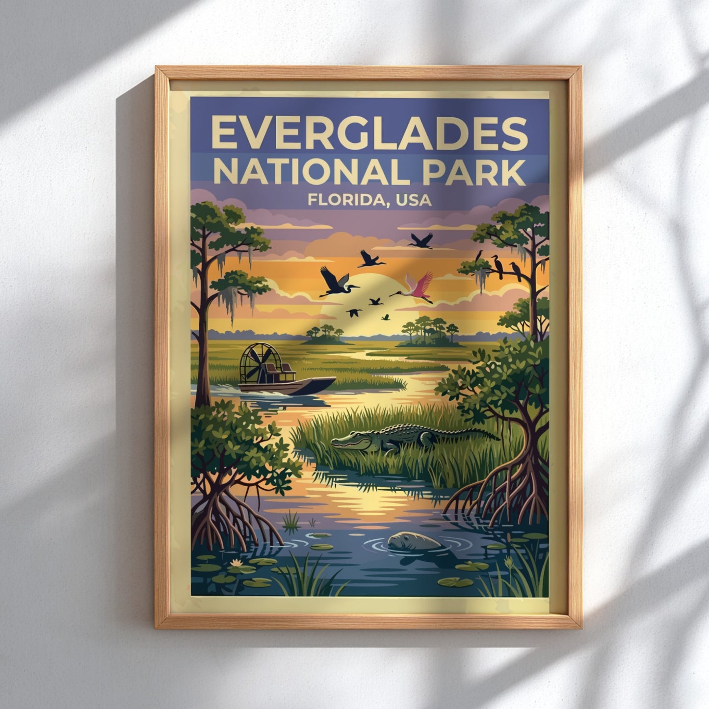 Travel poster of Everglades National Park featuring an airboat, alligator, and birds, Florida.