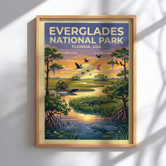 Travel poster of Everglades National Park featuring an airboat, alligator, and birds, Florida.