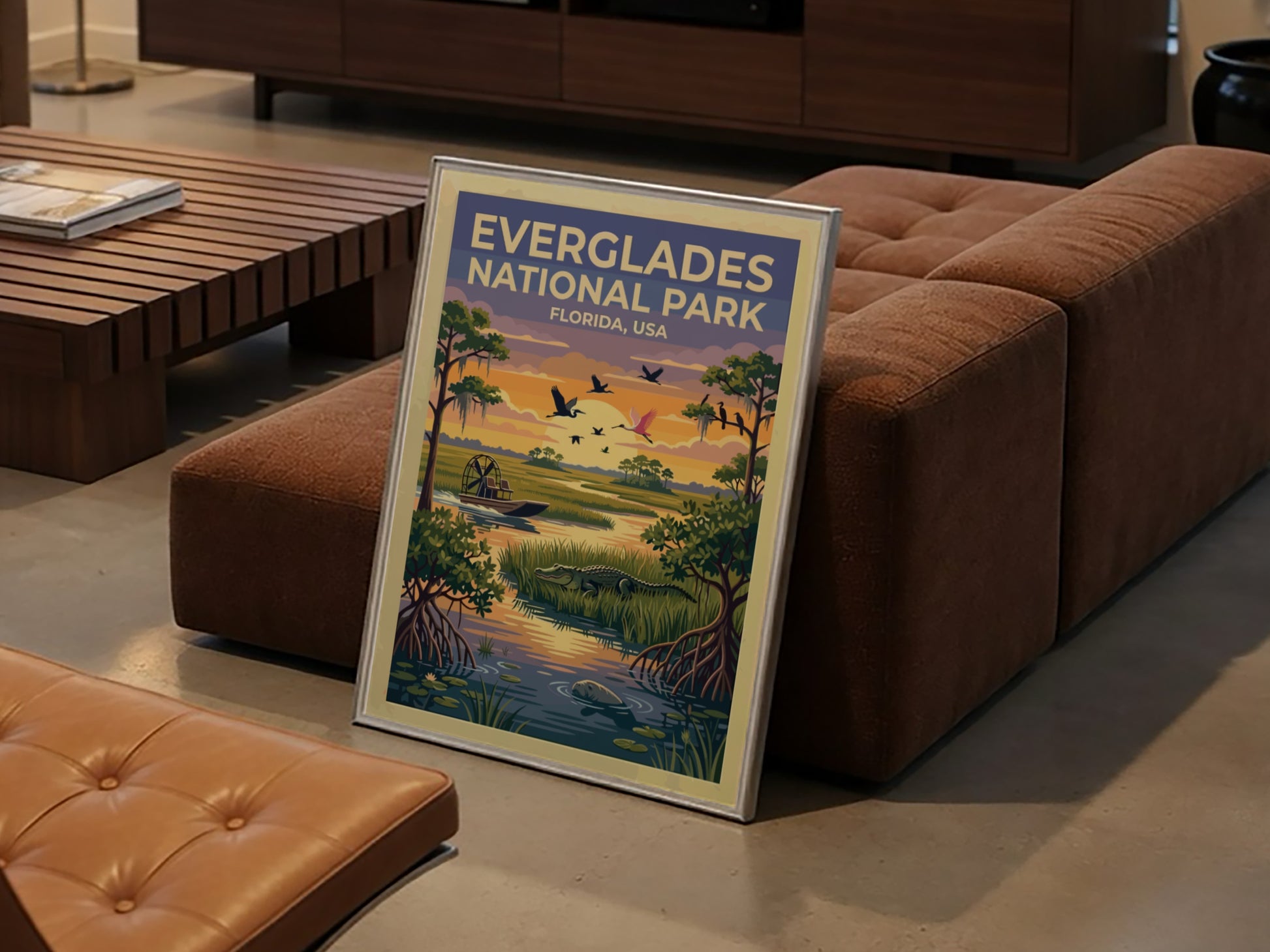 Travel poster of Everglades National Park featuring an airboat, alligator, and birds, Florida.
