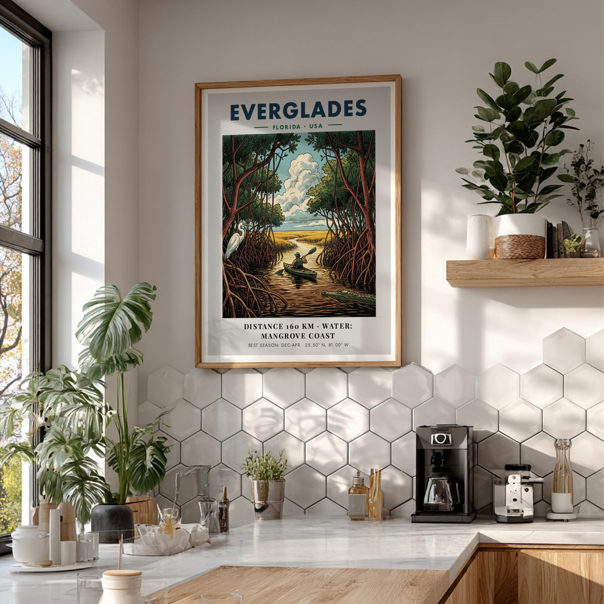 Everglades travel poster featuring a kayaker in mangrove waters with an egret and alligator.
