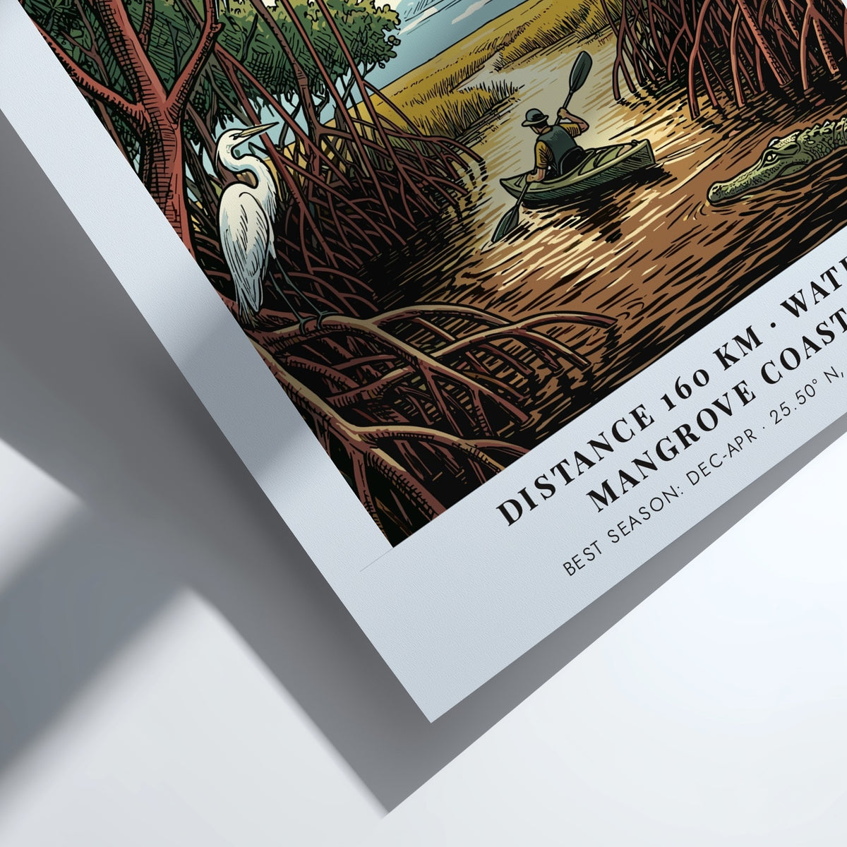 Everglades travel poster featuring a kayaker in mangrove waters with an egret and alligator.
