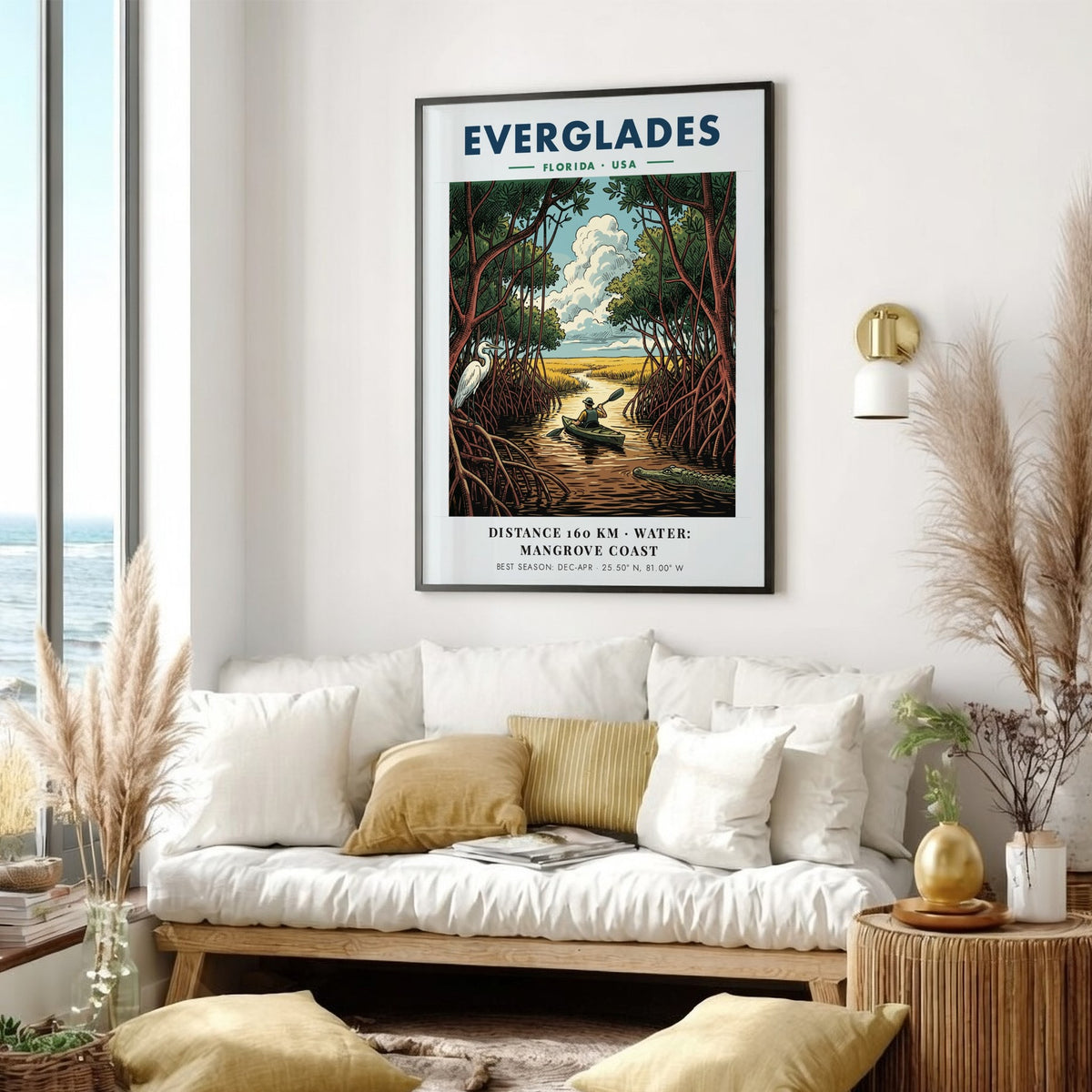 Everglades travel poster featuring a kayaker in mangrove waters with an egret and alligator.