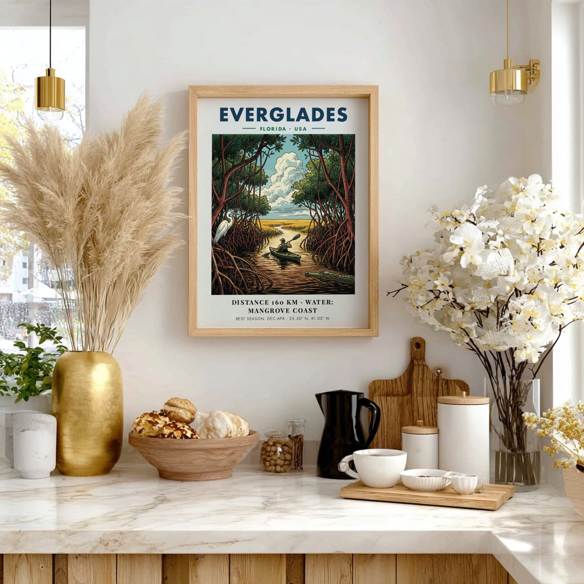 Everglades travel poster featuring a kayaker in mangrove waters with an egret and alligator.