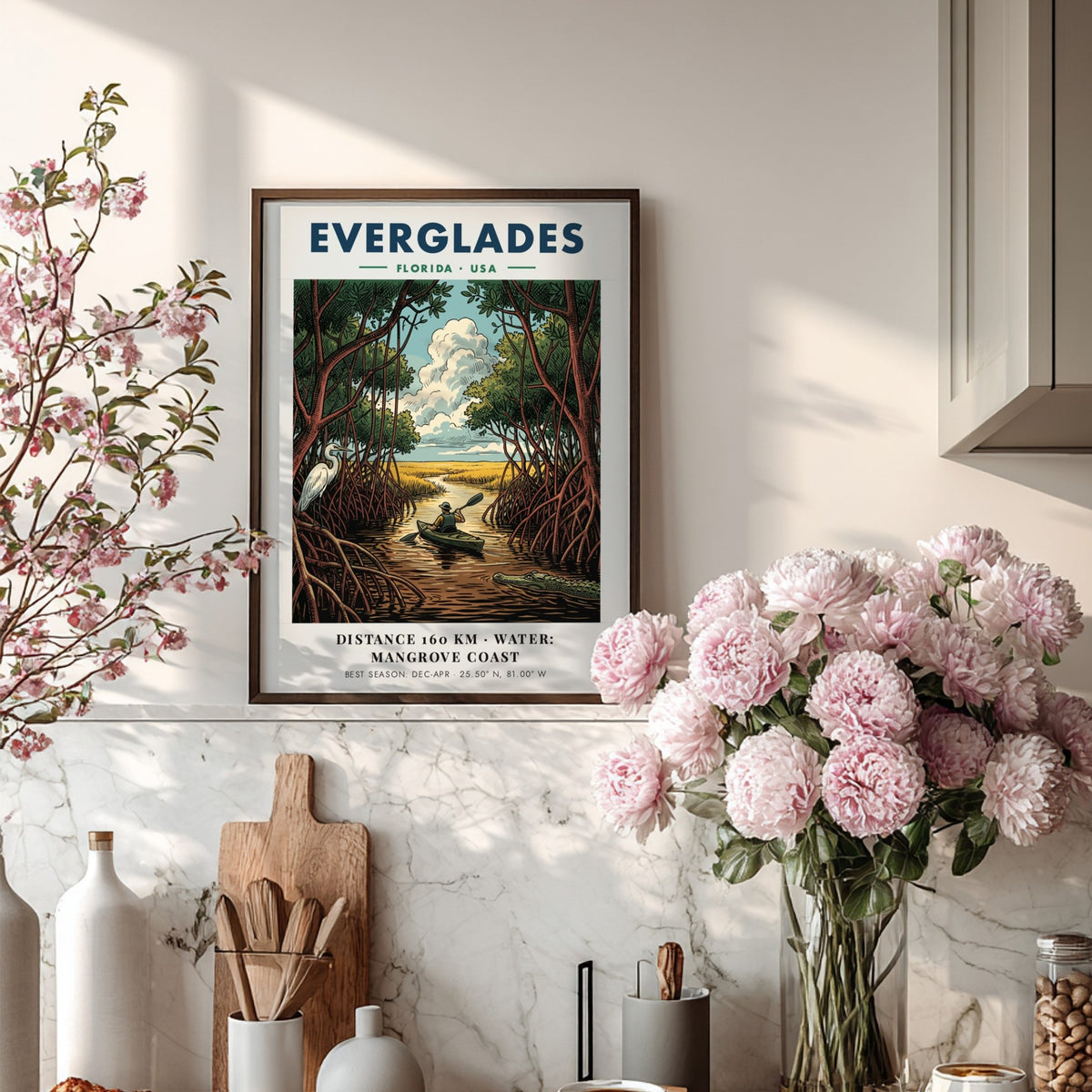Everglades travel poster featuring a kayaker in mangrove waters with an egret and alligator.