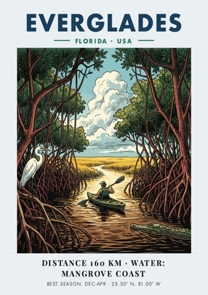 Everglades travel poster featuring a kayaker in mangrove waters with an egret and alligator.