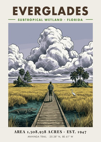 Poster featuring a hiker on an Everglades boardwalk with an alligator and heron.