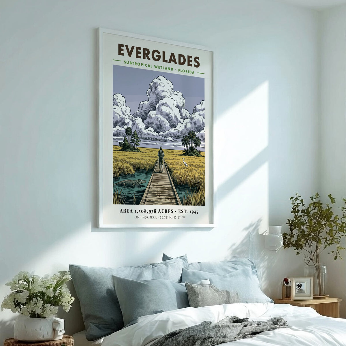 Poster featuring a hiker on an Everglades boardwalk with an alligator and heron.