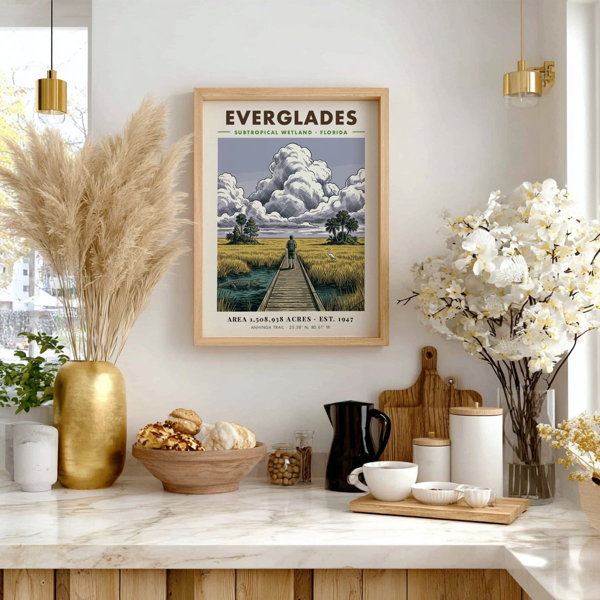 Poster featuring a hiker on an Everglades boardwalk with an alligator and heron.