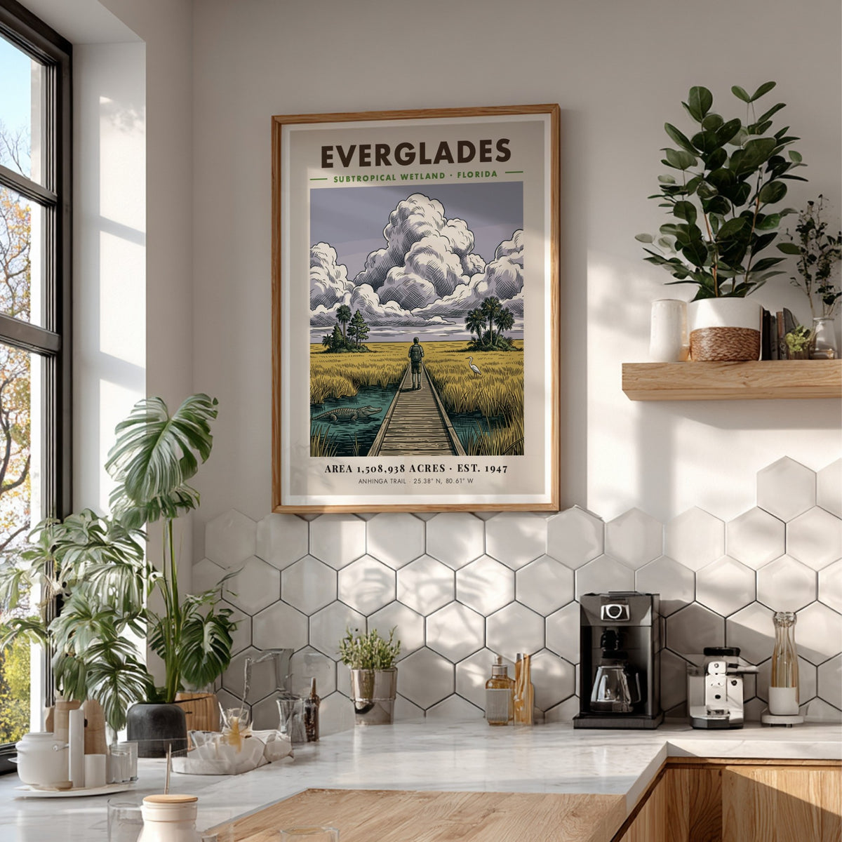 Poster featuring a hiker on an Everglades boardwalk with an alligator and heron.