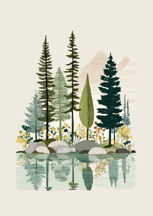 Illustration of a forest scene with trees, rocks, and flowers reflected in water on a beige background.