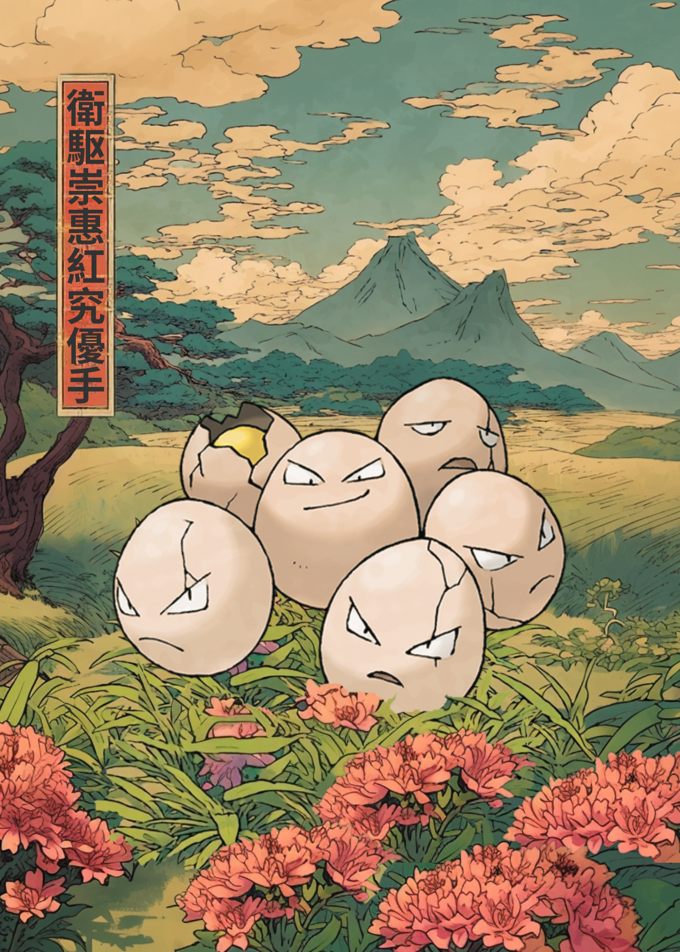 Exeggcute Pokemon characters with angry expressions in a landscape with flowers and mountains.