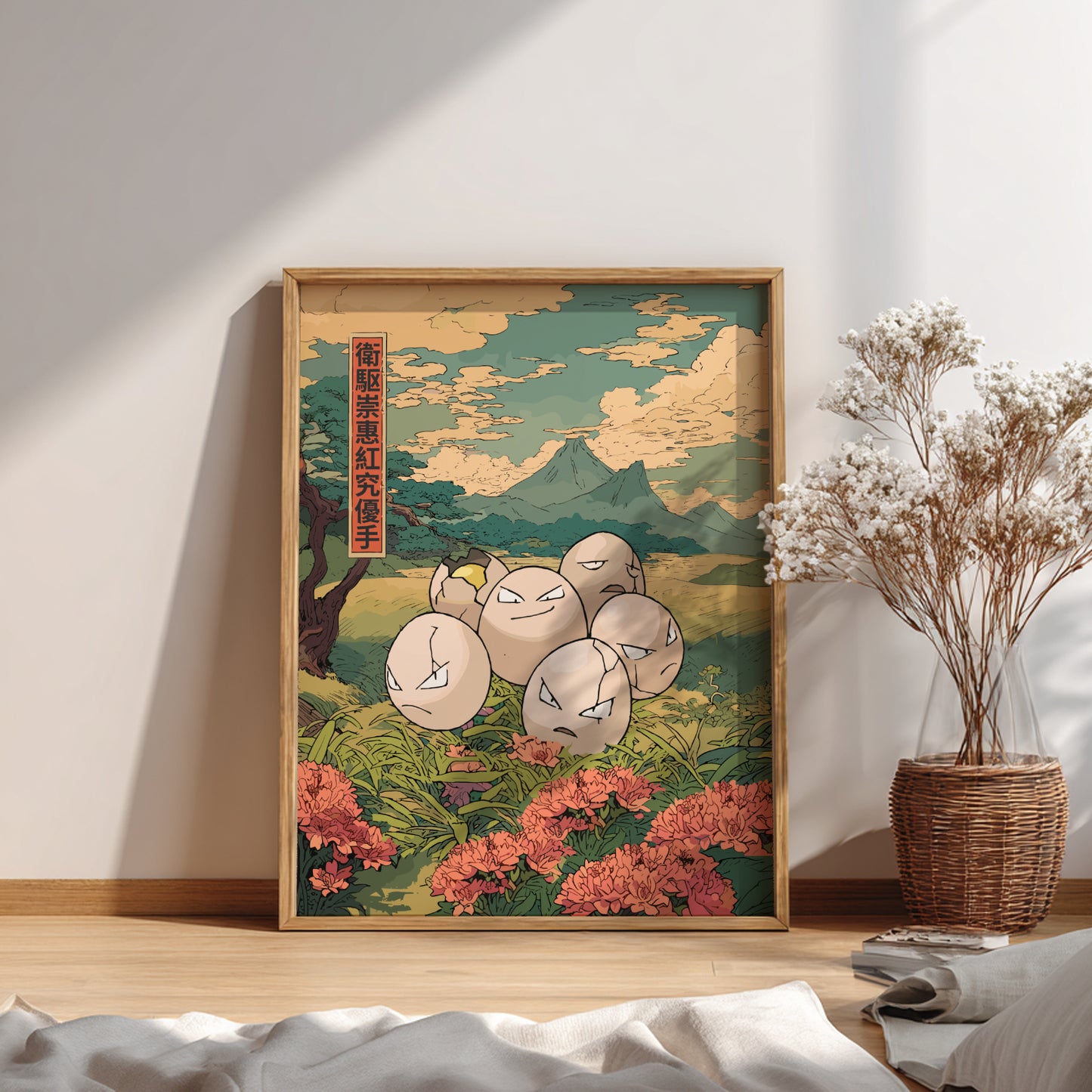 Framed artwork of Exeggcute Pokemon characters in a natural setting on a wall with a plant.