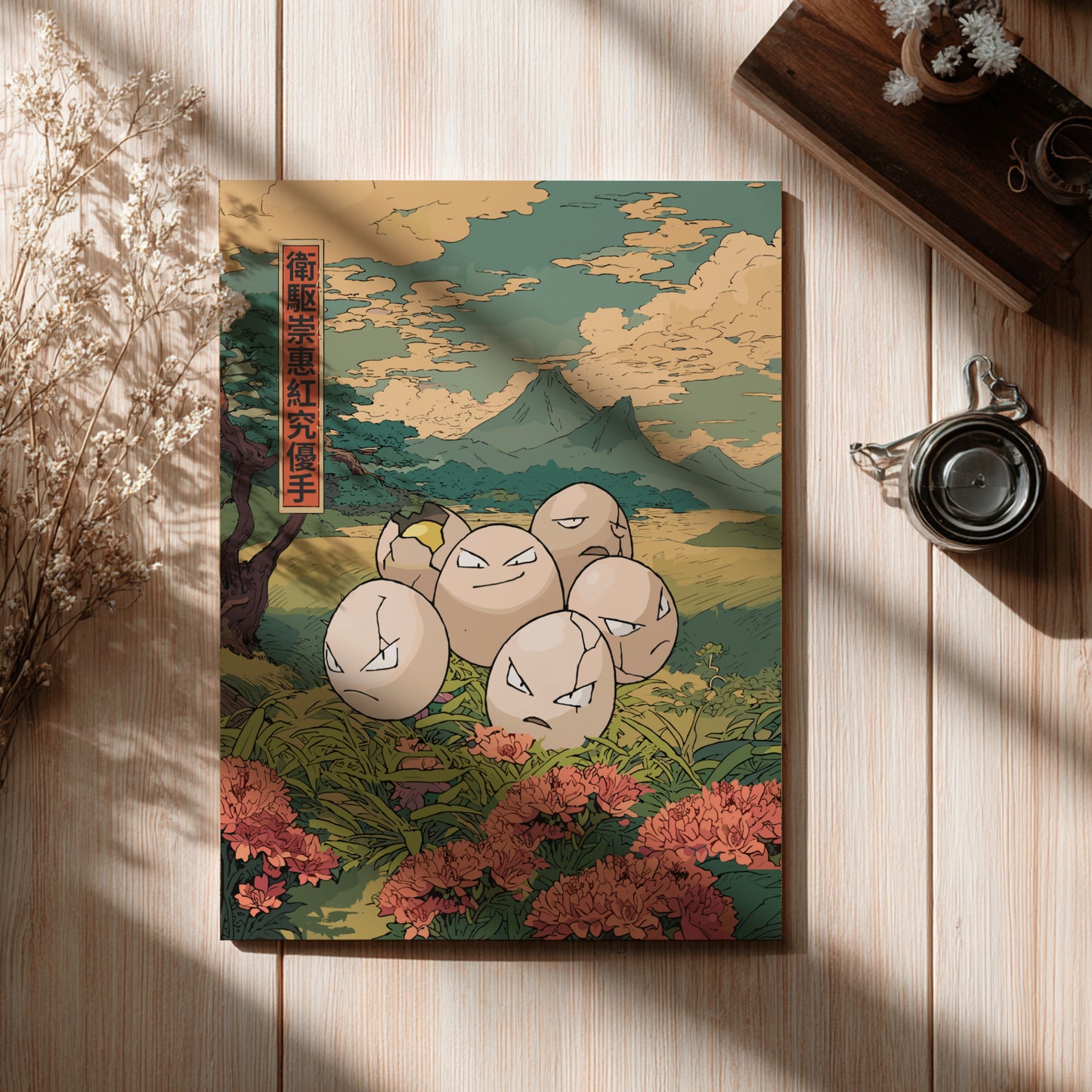 Poster with a cover design of Exeggcute Pokemon characters and nature on a wooden surface.