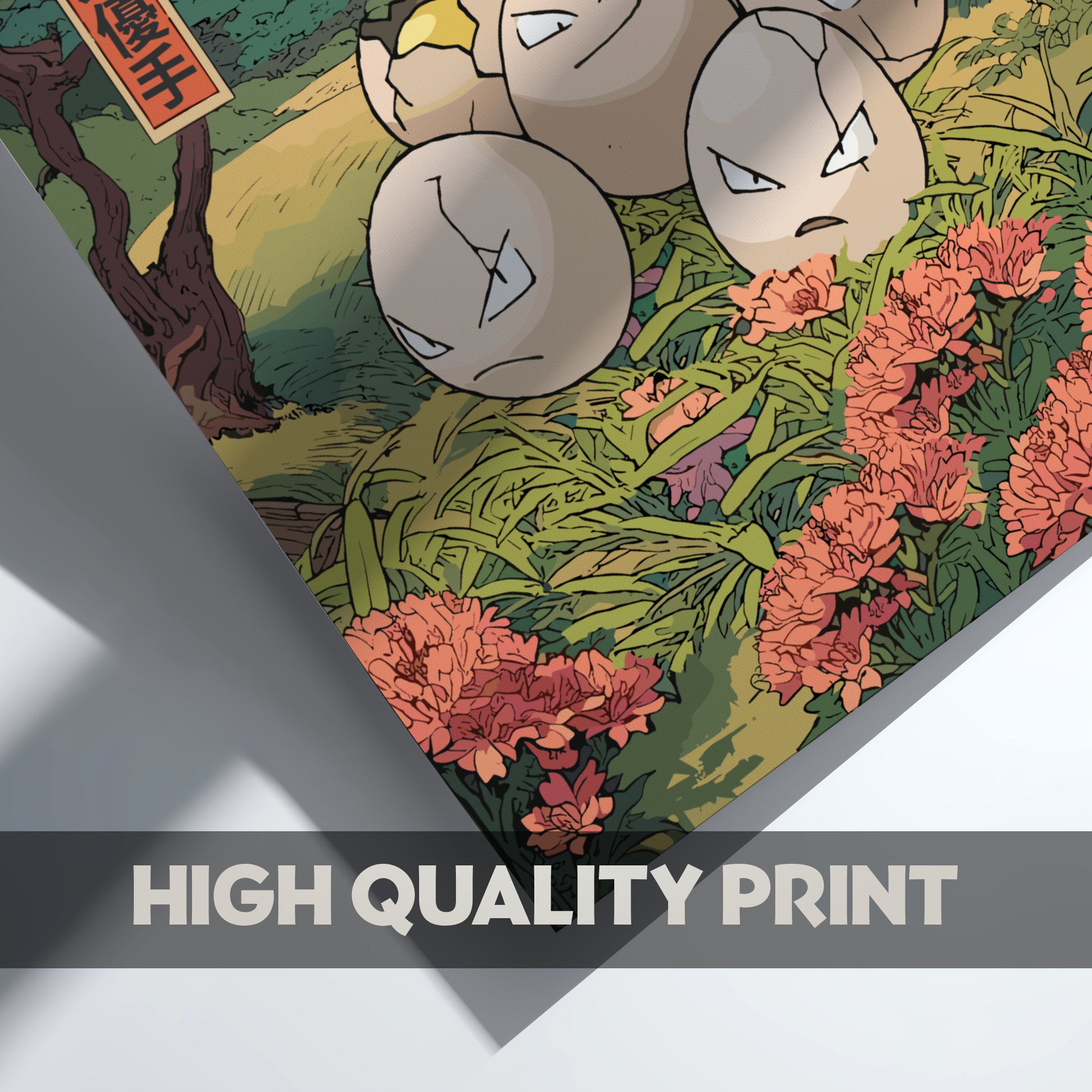 Exeggcute Pokemon characters in a natural setting with flowers and text overlay 'HIGH QUALITY PRINT'.