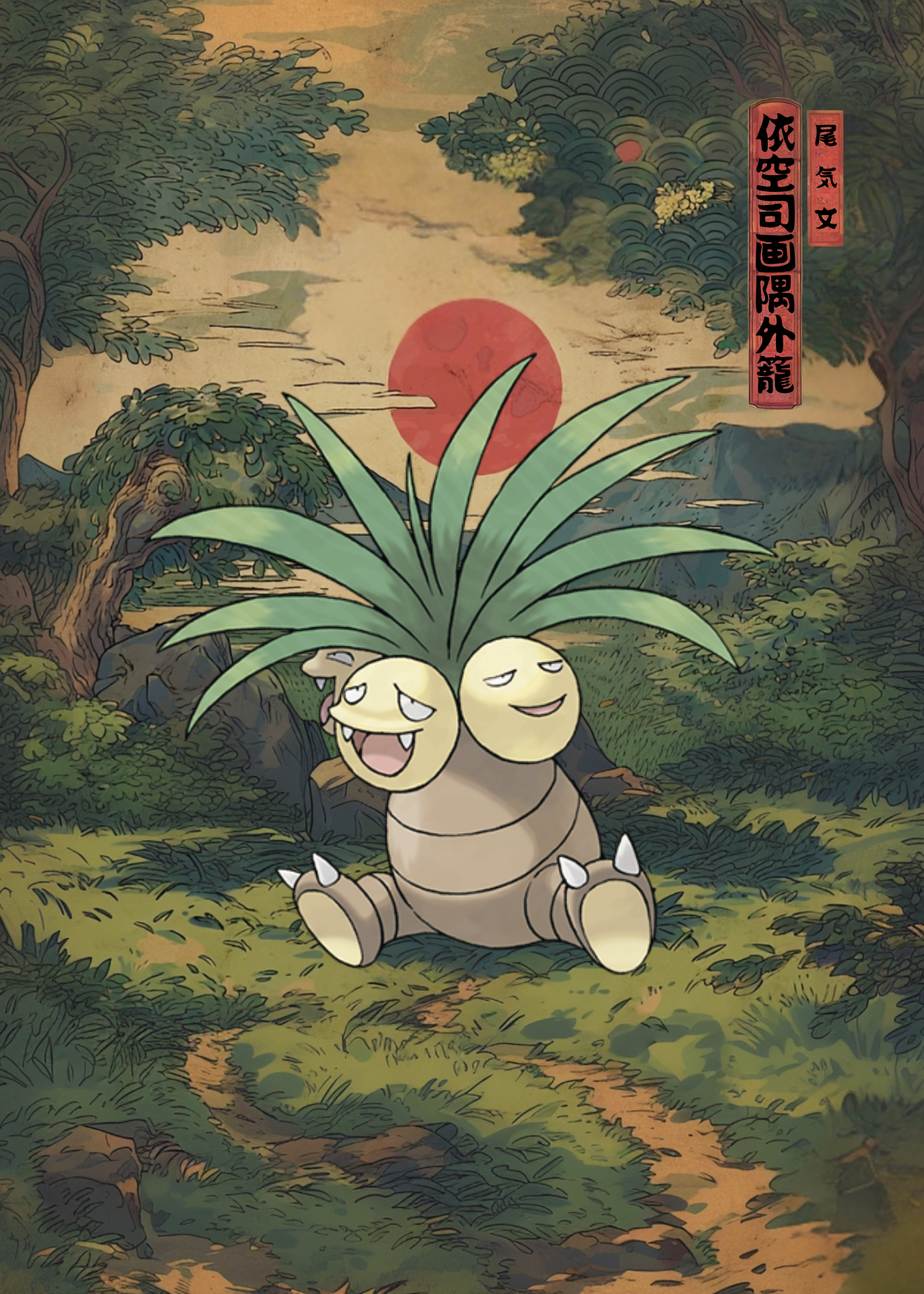 Exeggutor Pokemon character sitting in a forest with a red sun in the background