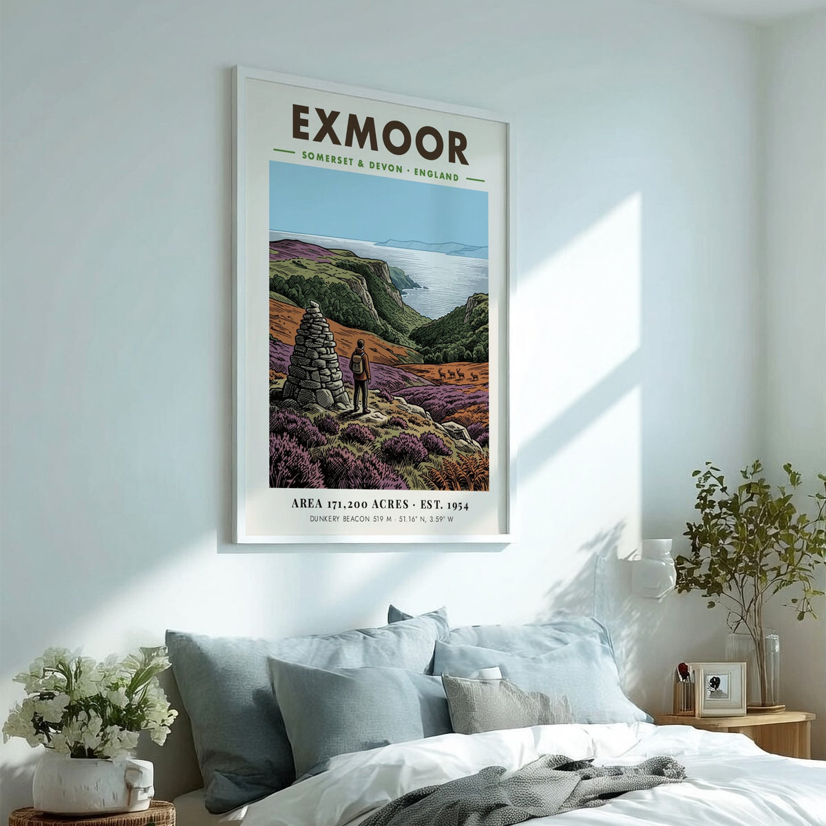 Poster of a hiker by a stone cairn overlooking Exmoor coast in England