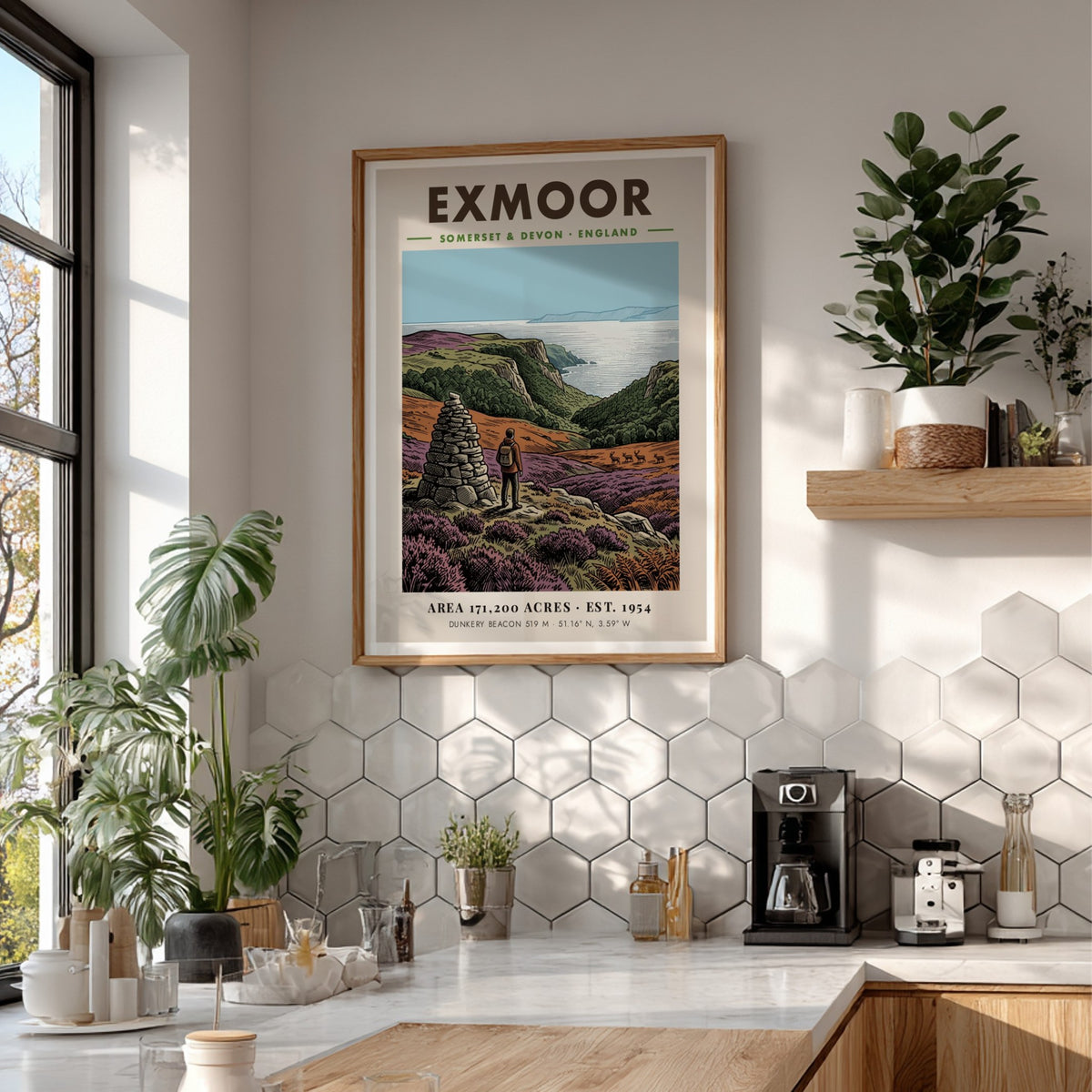 Poster of a hiker by a stone cairn overlooking Exmoor coast in England