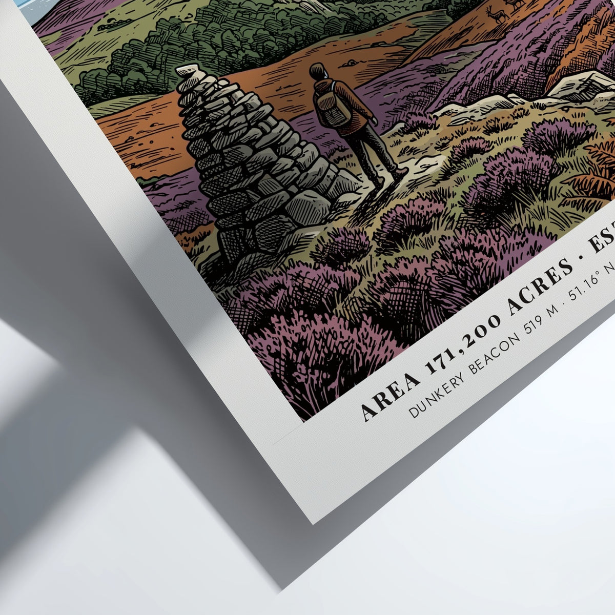 Poster of a hiker by a stone cairn overlooking Exmoor coast in England