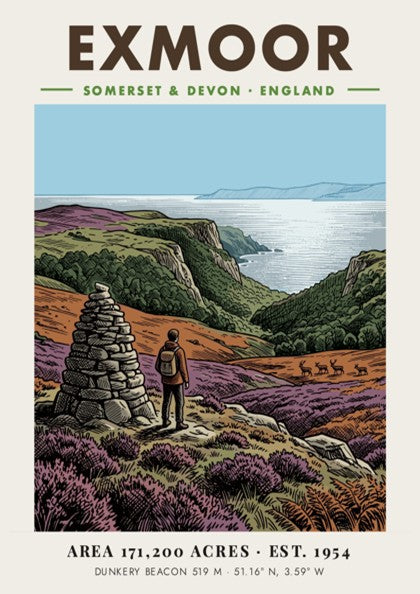 Poster of a hiker by a stone cairn overlooking Exmoor coast in England