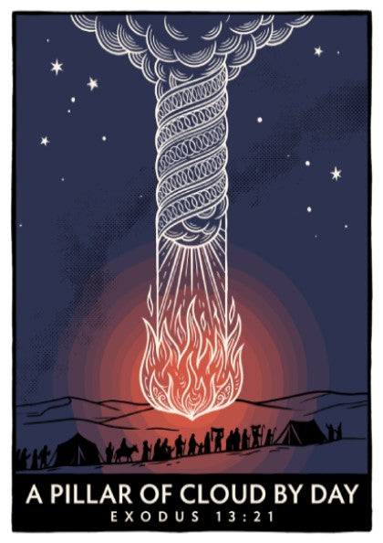 Poster featuring a swirling pillar of cloud and fire over desert travelers at night