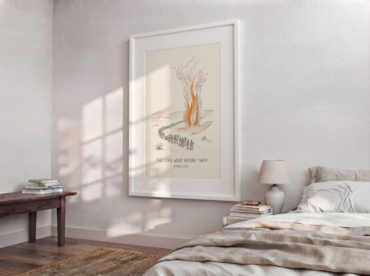 Poster featuring The Lord Went Before Them text with a desert caravan and fire