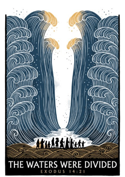 Poster featuring the parting of the Red Sea with navy waves and silhouettes.