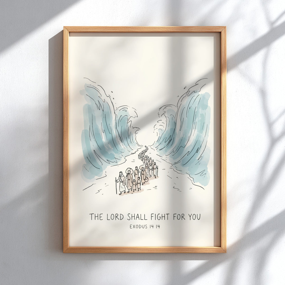 Poster featuring hand-drawn illustration of people walking through parted sea with biblical text
