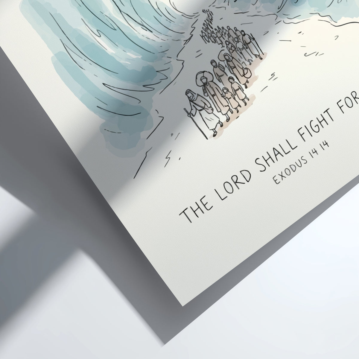 Poster featuring hand-drawn illustration of people walking through parted sea with biblical text