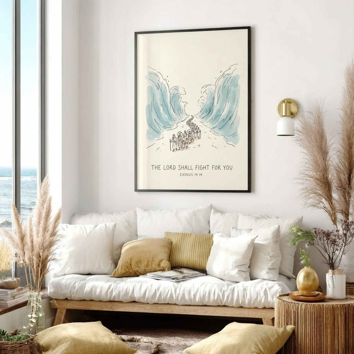 Poster featuring hand-drawn illustration of people walking through parted sea with biblical text