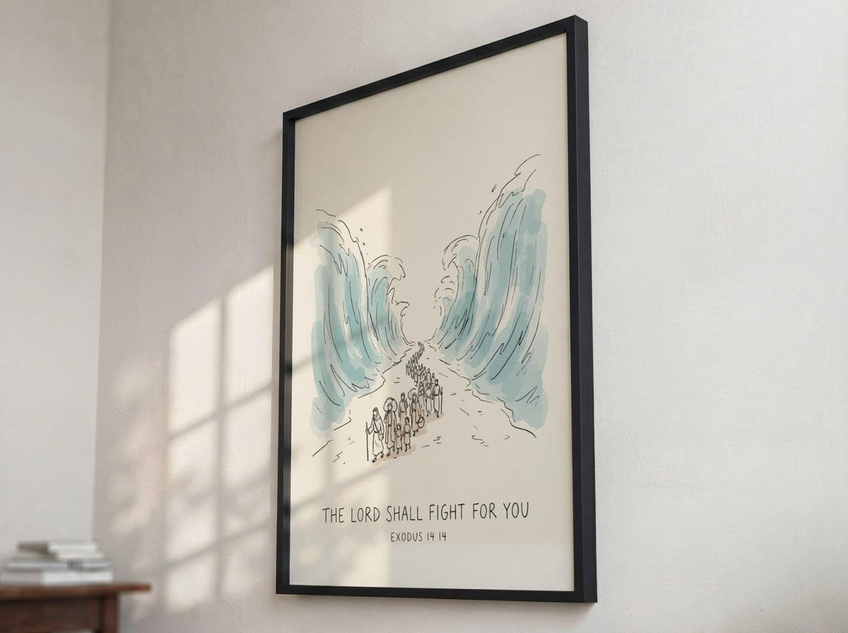 Poster featuring hand-drawn illustration of people walking through parted sea with biblical text