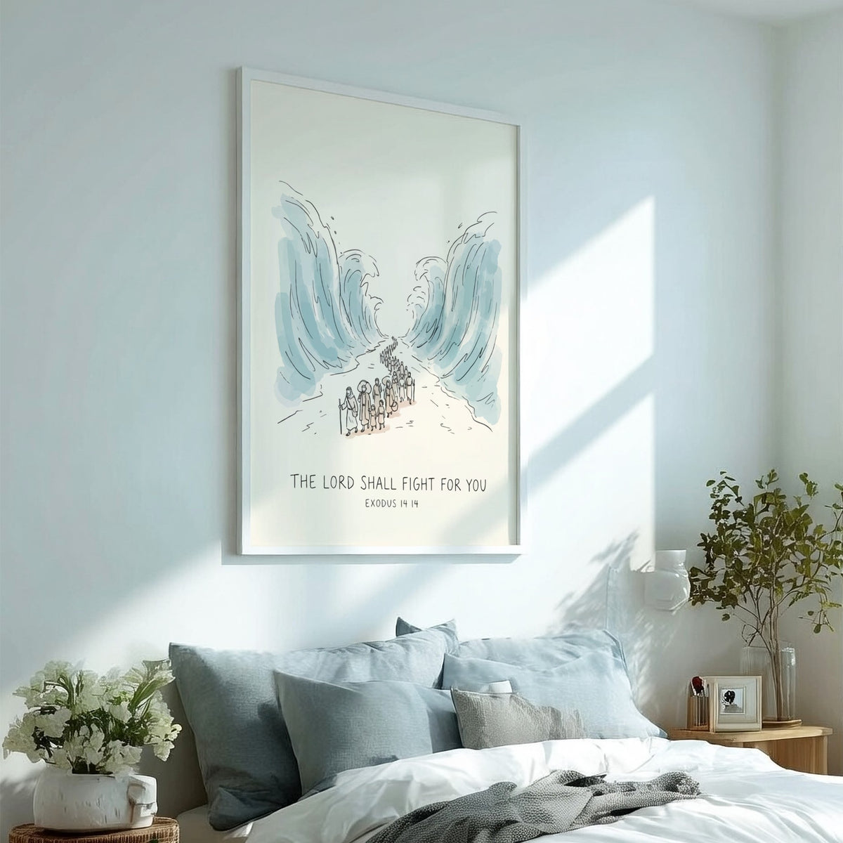 Poster featuring hand-drawn illustration of people walking through parted sea with biblical text