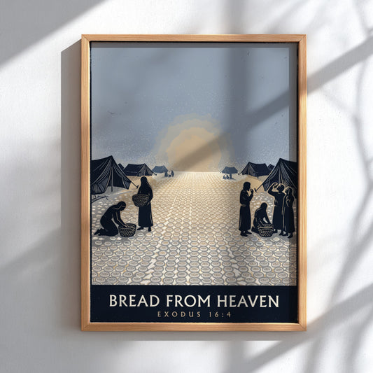 Poster displaying Bread From Heaven Exodus 16-4 with figures gathering manna in desert tents.