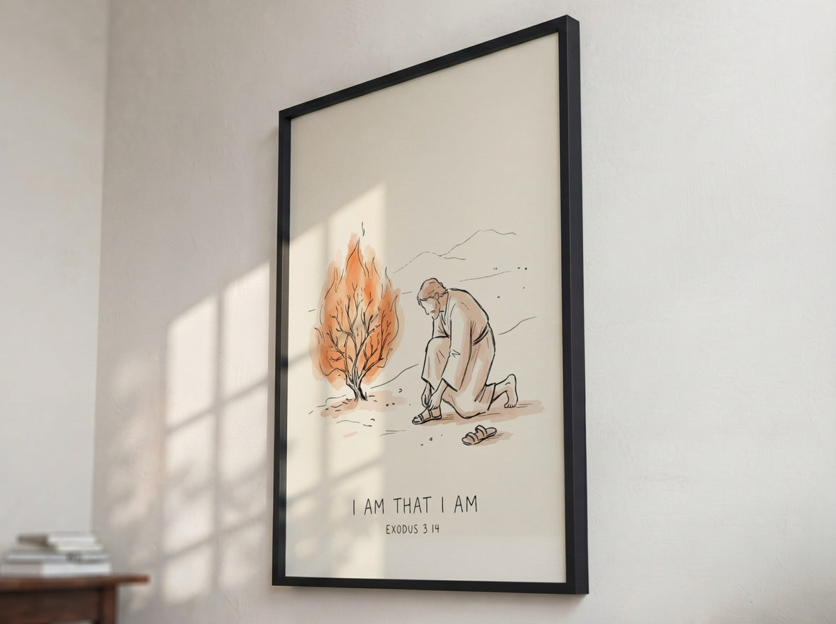 Poster featuring a man kneeling before a burning bush with Exodus Bible verse text.