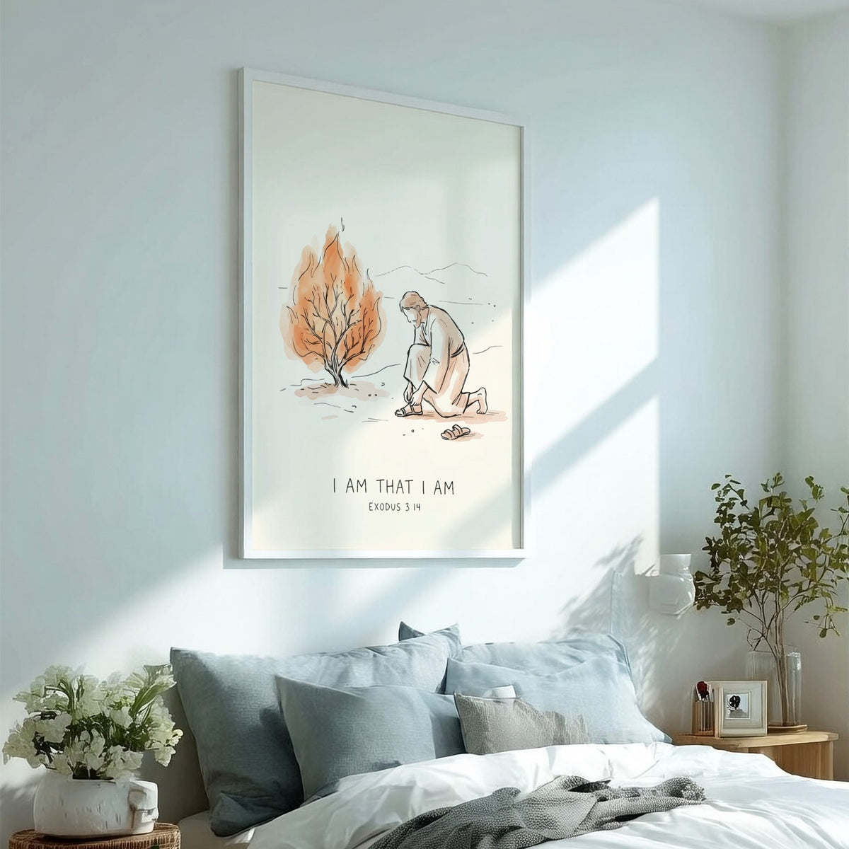 Poster featuring a man kneeling before a burning bush with Exodus Bible verse text.