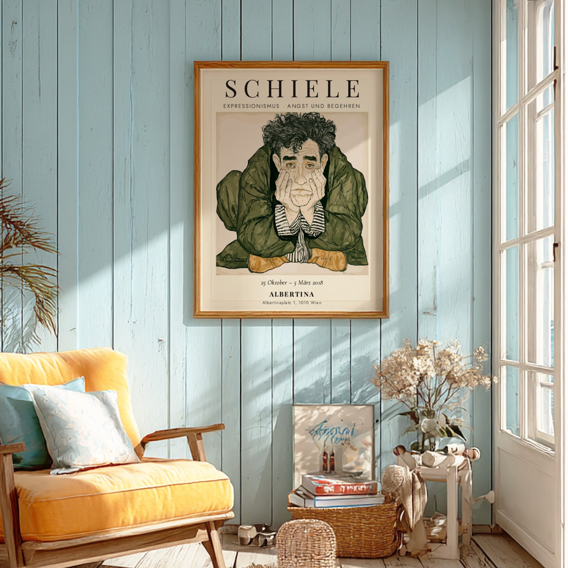 Egon Schiele exhibition poster featuring expressive illustration and muted tones