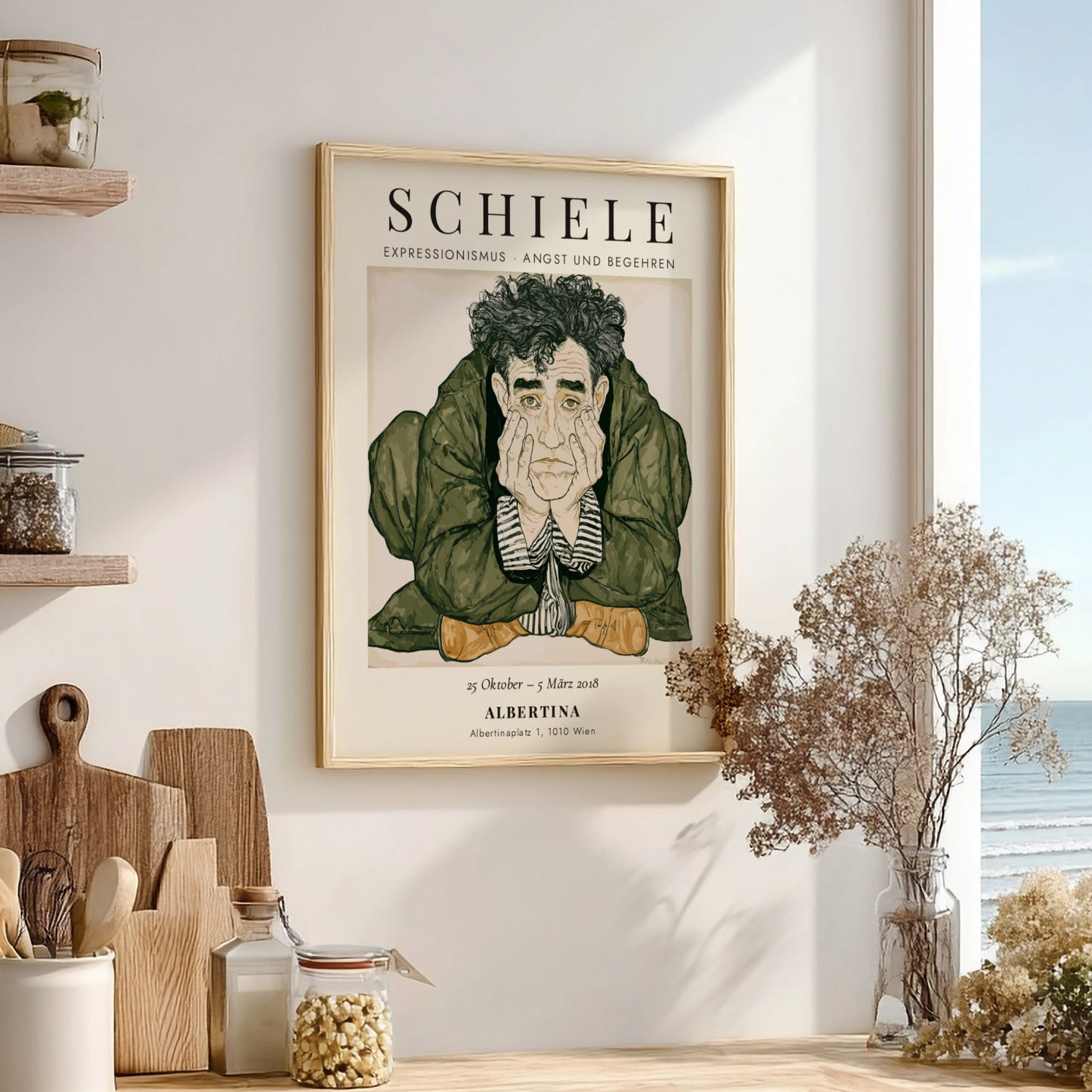 Egon Schiele exhibition poster featuring expressive illustration and muted tones